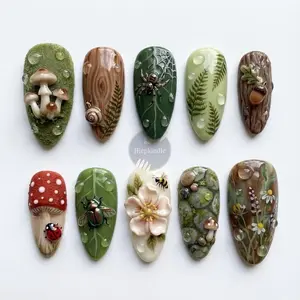 Forestcore Dream Press-On Nails | 3D Frog & Mushroom Art | Cottagecore Nails | Holiday | Winter Gift