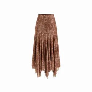 Cider Mesh Mid Rise Aztec Asymmetrical Ruffle Hem Maxi Skirt