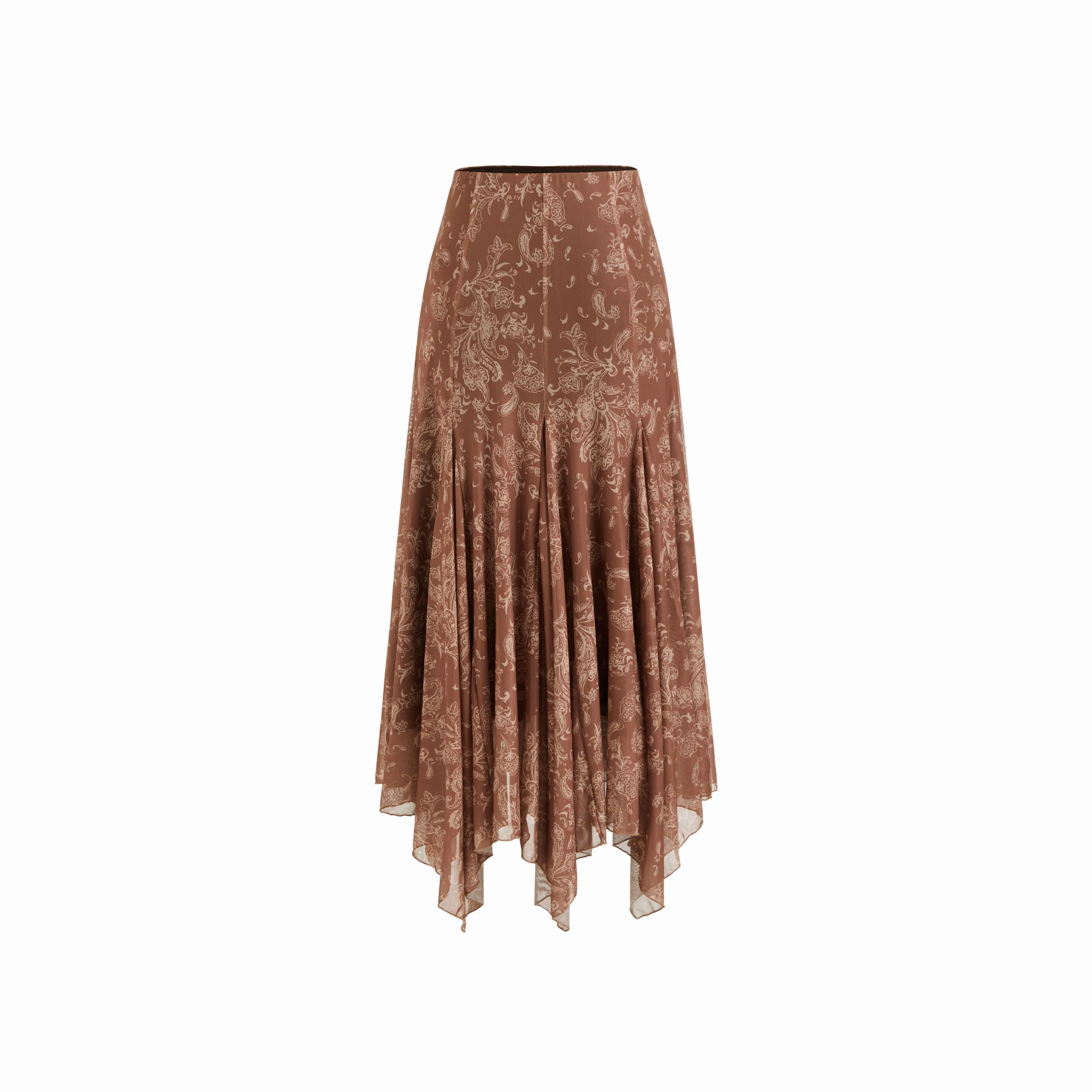 Cider Mesh Mid Rise Aztec Asymmetrical Ruffle Hem Maxi Skirt