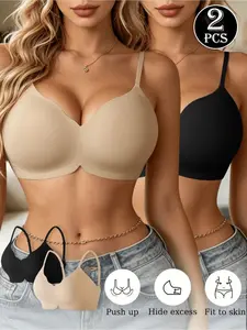 2-Pack Women's Comfortable Sexy Seamless Bralettes, Wireless Push-Up Lingerie, Adjustable Straps, Breathable, Fit, All-Seasons, Medium Support