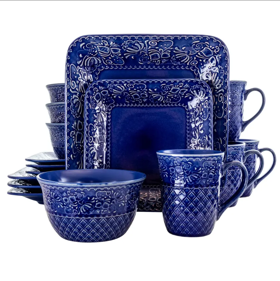 Elama Indigo Lotus Unisex 16-Piece Square Stoneware Dinnerware Set