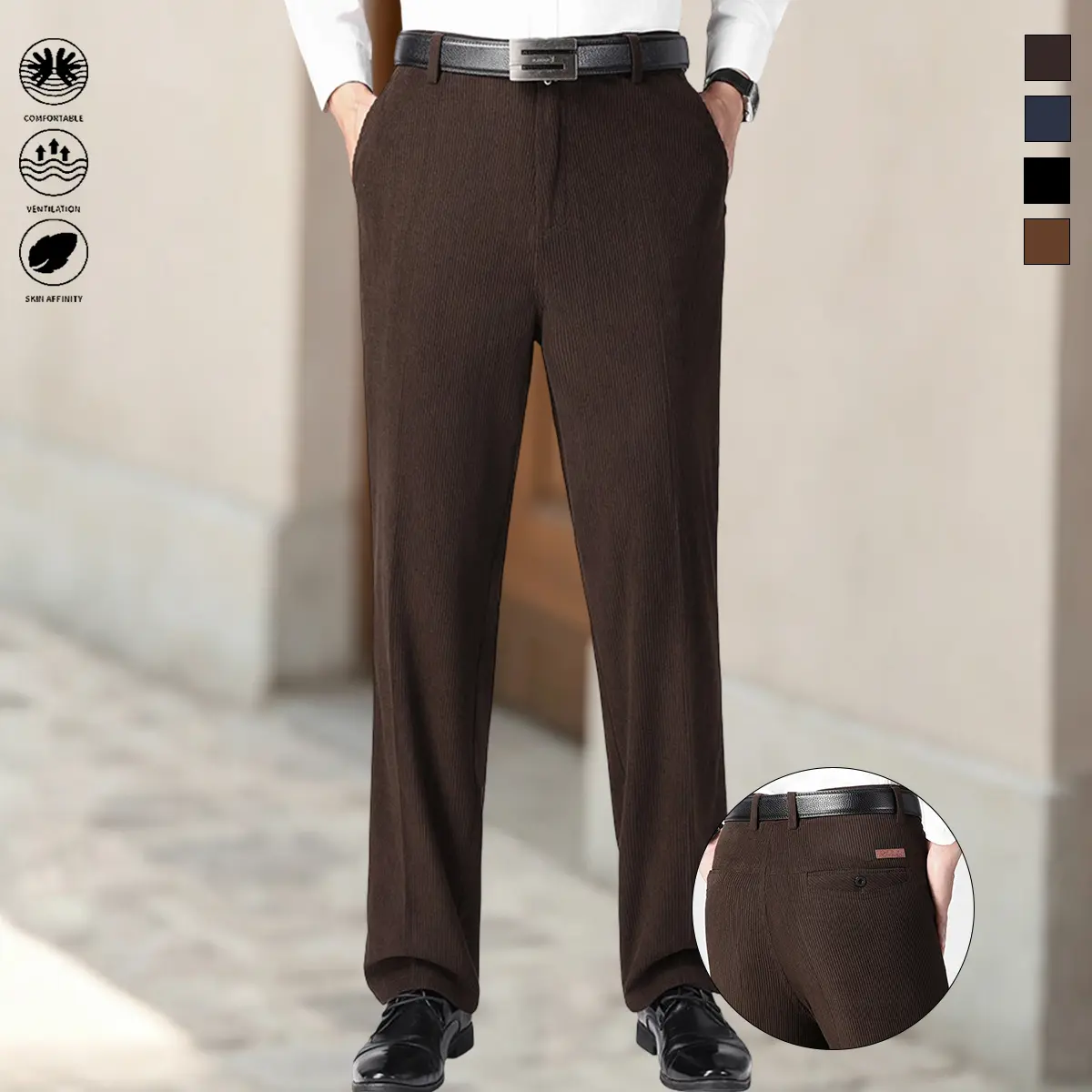 Men’s suit trousers with a corduroy texture, comfortable and stretchy, versatile straight-leg fit; business long pants, casual pants, dress pants, suitable for business and everyday wear; menswear, men’s long pants, long pants.