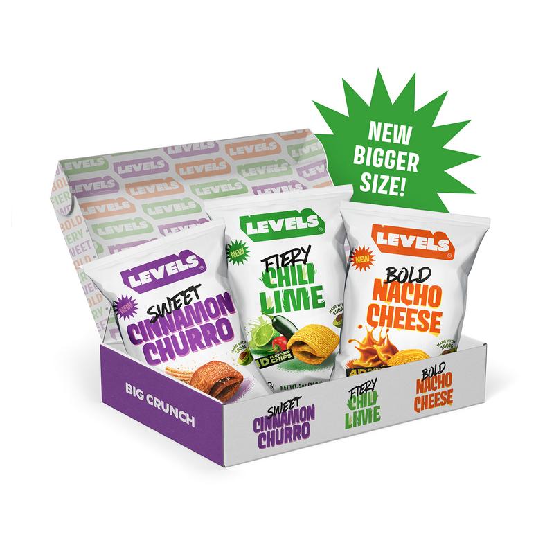 Levels by Brent Rivera 3 Pack 5 oz Bags (15 total ounces) Fiery Chili Lime Bold Nacho Cheese Sweet Cinnamon Churro Snack Variety Crunchy Spicy Savory