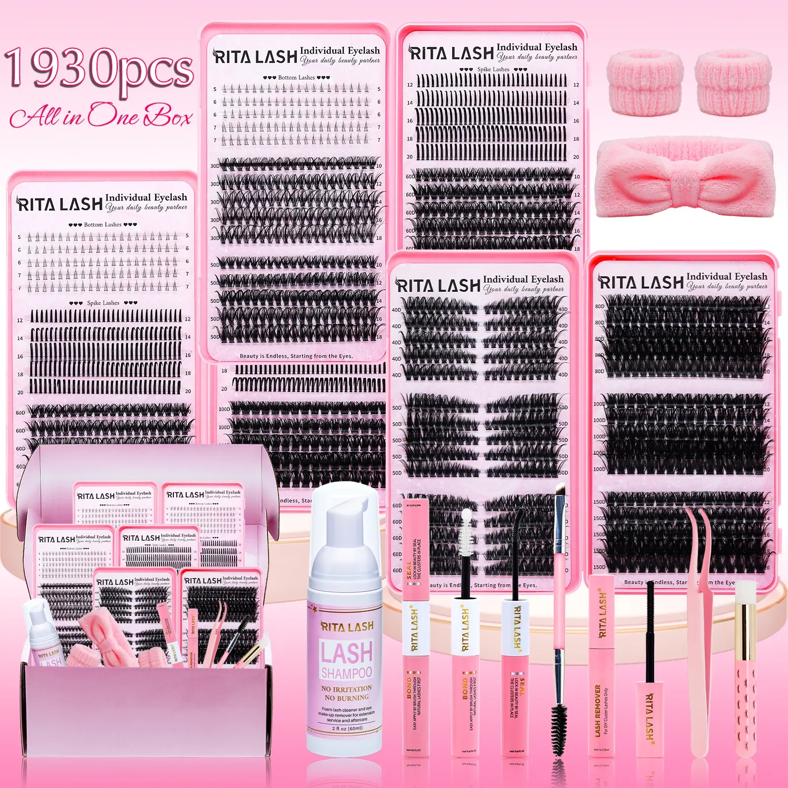 RITALASH 1930Pcs D Curl Eyelash 3 Trays Book Individual Eyelashes Kit, Eyelash Extensions, Eyelash Extension Set, Diy Lashes Kit, Bottom+Spike+60D+100D+30D+50D Natural Eye Makeup Easy To Carry, Reusable, with Make Up Tools Bond&Seal, Remover
