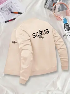 Women's Graphic Zipper Baseball Jacket, Casual Fitted Scrub Pattern Coat, All Season Wearable Outerwear, Stylish Ladies' Clothing, Womenswear, Tops