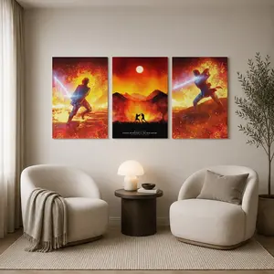 Mustafar Duel Sci-Fi Movie Canvas Wall Art, Anakin Skywalker vs Obi-Wan Kenobi Inspired Poster Print, Fire Battle Lightsaber Artwork for Bedroom Living Room Gaming Room Office Home Theater Deco