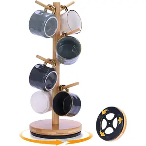 Mug Holder Tree Upgraded 360° Rotated 8 Hooks Coffee Mug Holders for Counter Bamboo Mug Rack Stand for Coffee Bar Accessories