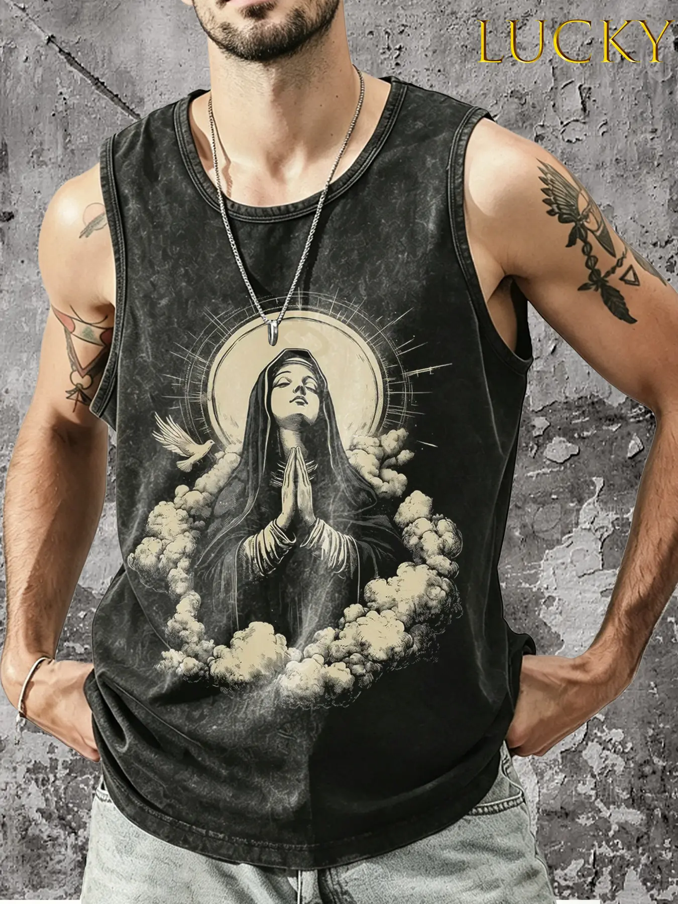 Dark Religious Mother Mary Image Vest, a classic religious art depiction of the Virgin Mary, featuring a white dove symbolizing "Peace and the Holy Spirit." Essential for Y2K, Gothic, and subculture enthusiasts embracing "Dark Romanticism."