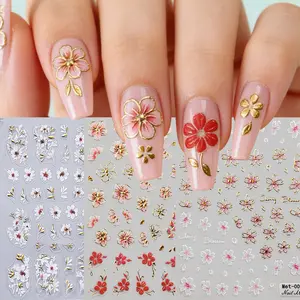 3D Embossed Golden Edge Cherry Blossom Nail Stickers, Cherry & Peach Flower Blossom Nail Decals Adhesive DIY Nail Art Decorations, Perfect for Spring Manicure
