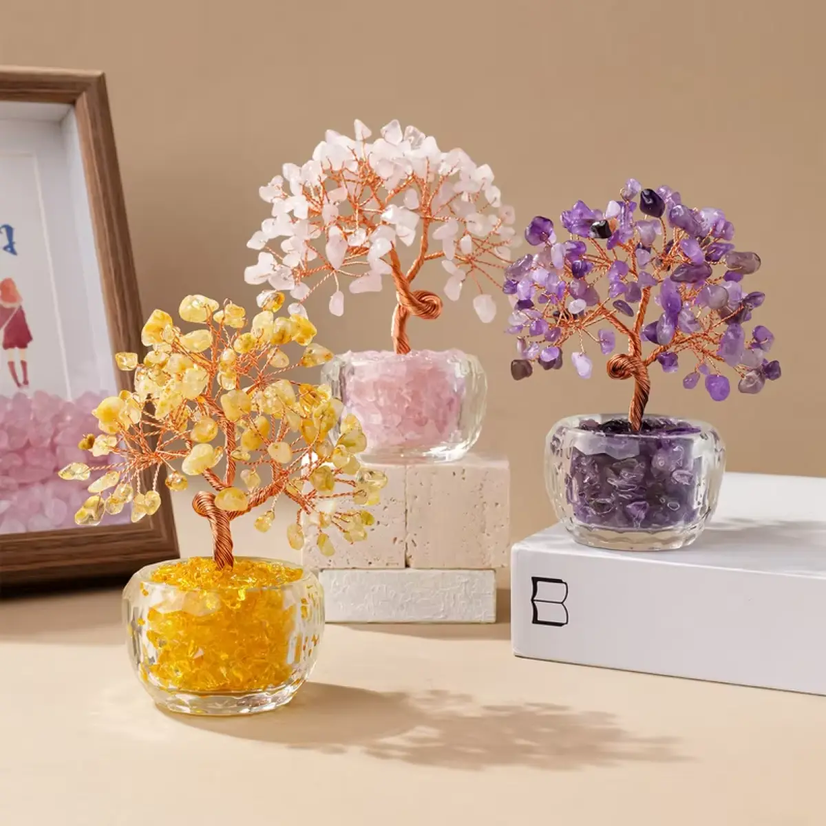 1PC Handmade Natural Gemstone Crystal Tree Tabletop Ornament with Ingot Shaped Base Bowl, Decorative Sculpture for Home Office Desktop Shelf Aesthetic Display & Housewarming Gift