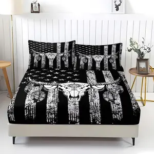 3-Piece Distressed Flag Longhorn Skull Feather Fitted Sheet Set, Deep Pocket Elastic All‑Around Mattress Cover Bedding Set, Western Cowboy Decor for Men’s Bedroom, Master Bedroom, Rustic Bedroom, Filler Not Included