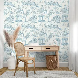 VEELIKE Blue Toile Wallpaper Peel and Stick Vintage French Countryside Wallpaper for Bedroom Bathroom 17.7''x118'' Chinoiserie Wallpaper Removable Self Adhesive Blue Contact Paper for Accent Walls