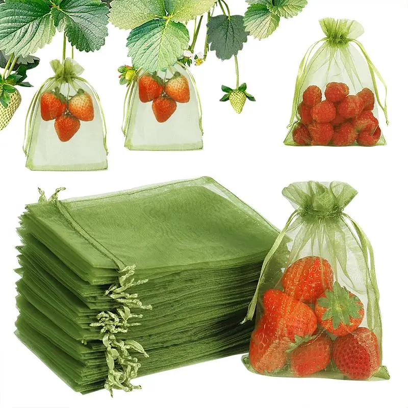 100Pcs Fruit Protection Bags, Green Strawberry Netting Cover Drawstring Mesh Bags Pest Barrier Plant Protectors from Animals for Blueberry Small Fruit Garden Supplies