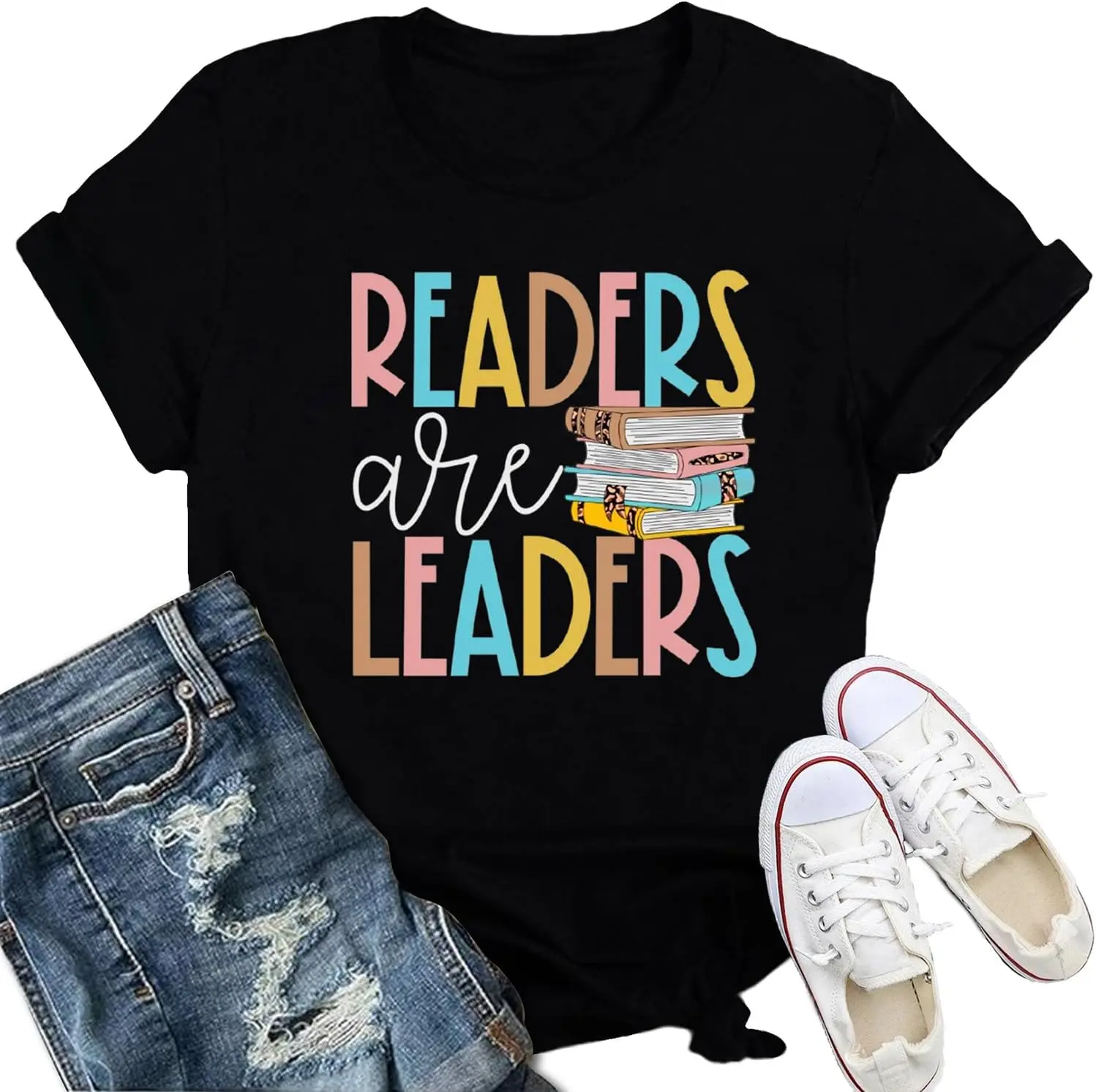 Women's 'Readers are Leaders' Graphic T-Shirt, Vintage Inspired 100% Cotton Short Sleeve Tee for Casual Everyday Wear, Tshirt