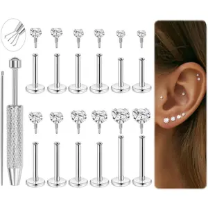 16G 18G 12Pcs Flat Back Stud Earrings 316L Surgical Steel Internally Threaded Stud for Women Tragus Labret Monroe Cartilage Helix Conch Studs Hypoallergenic Nose Stud Piercing Jewelry