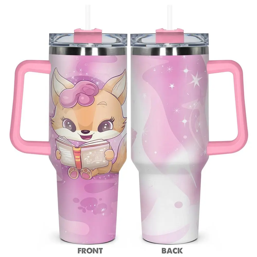 Cute Fox Design Tumbler,  1 Count 40oz Stainless Steel Insulated and Durable Water Bottle with Lid, Birthday Gift for Friend