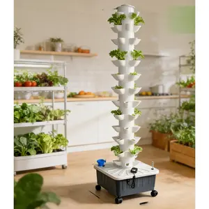 Vertical Hydroponics Growing System,Aeroponic Grow Tower for Herbs, Fruits and Vegetables 14 Layer 70 Plants Sites with Movable Water Tank Hydrating Pump, Timer, Adapter