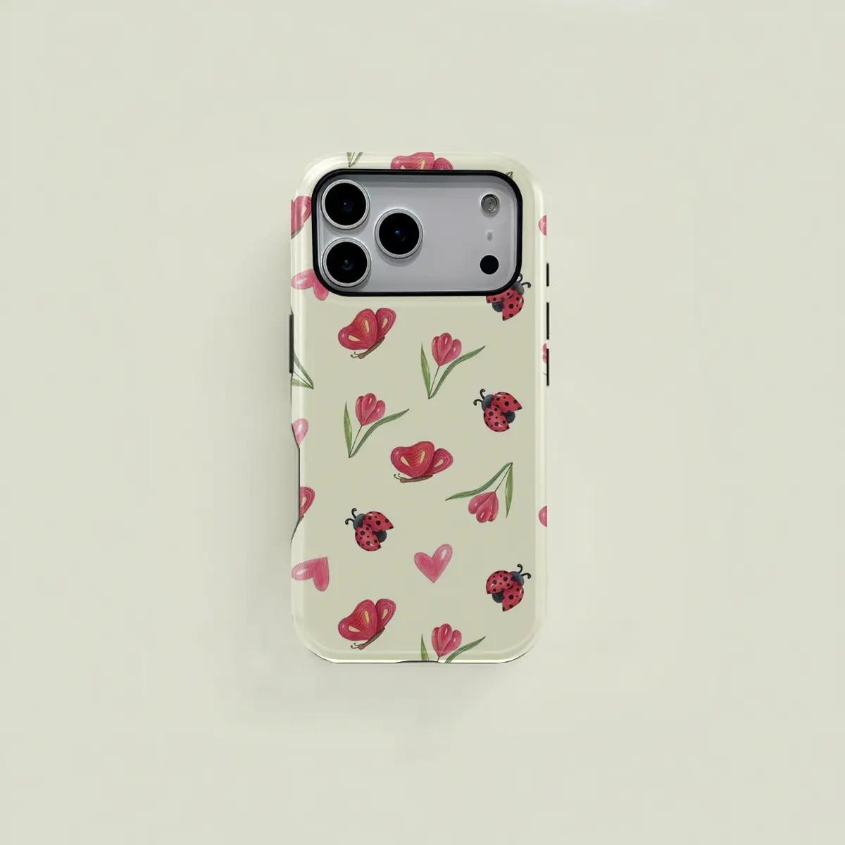 Cute pink watercolor-style ladybug, butterfly, tulip, and heart pattern protective case. A durable 2-in-1 case compatible with iPhone 17/16/15/14/13/12/11 Pro Max/Plus/Pro and Samsung Galaxy S25/S24/S23 Ultra series. A simple and stylish phone case.