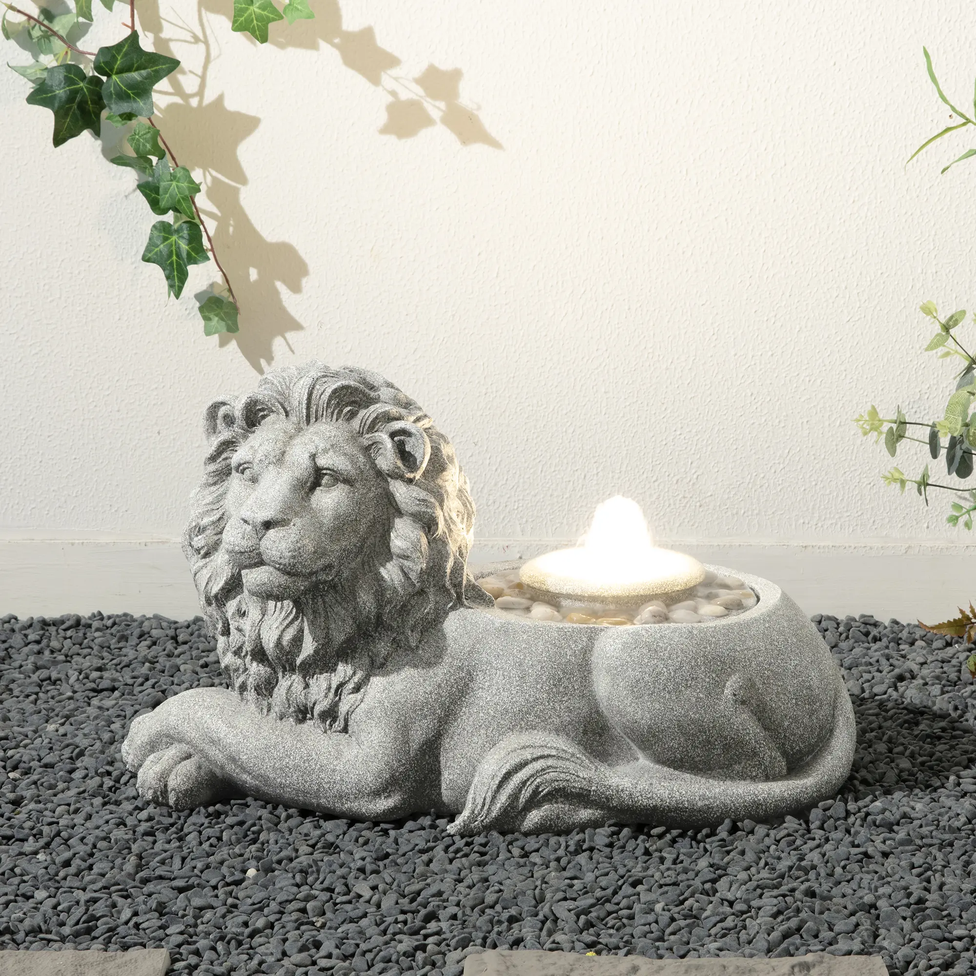 Glitzhome 20" L Zen-Style Lying Lion Polyresin Outdoor Fountain with LED Lights, Water Display, Pump, KD Design, Lifelike Texturing, Regal Calm Appeal, Easy to Store and Move, 110V~120V 60Hz-12v for Deck (Fountains & Bird Baths)