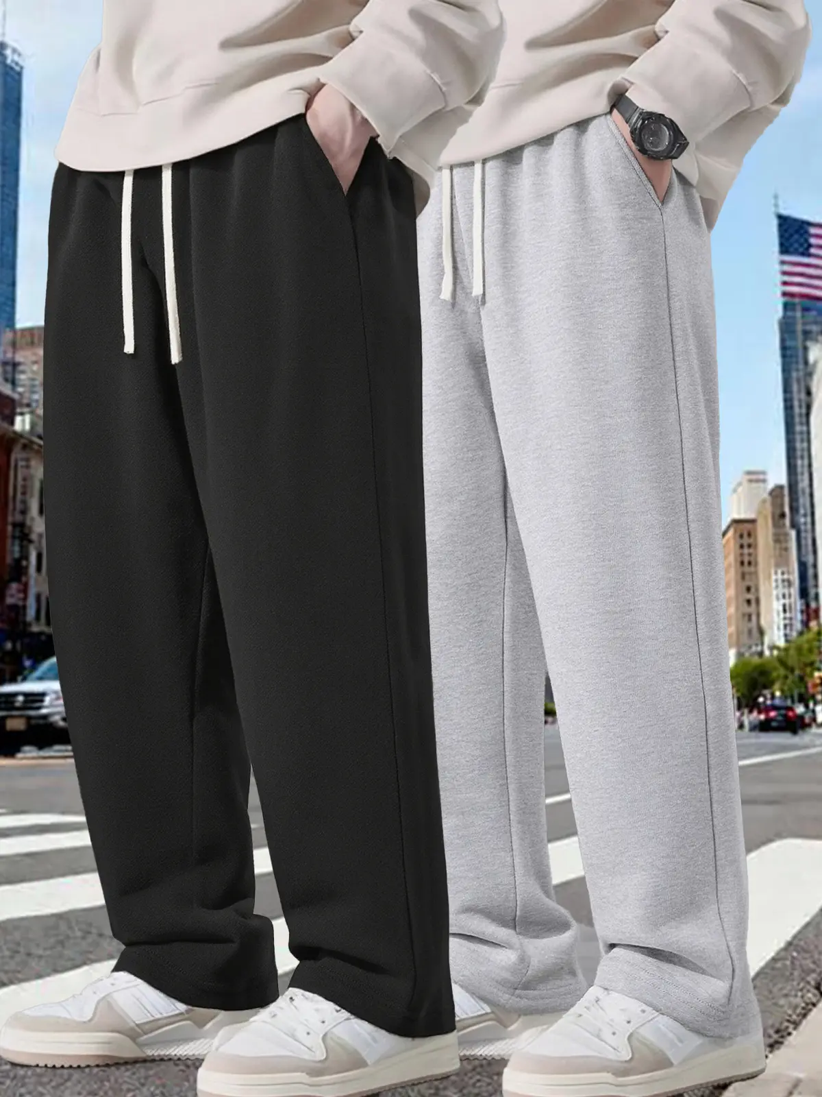 Men's 2-Piece Plain Solid Color Casual Comfy Trouser Set - Polyester Spandex Composite Fabric, Adjustable Drawstring Waistband, Soft Drapey Loose Fit, Streetwear Clothing, All-Season Daily Male Clothing 2 Piece Sets Bottoms