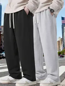 2-piece set of men's solid color casual pants with an adjustable drawstring waistband. Stylish yet casual, comfortable and versatile, loose fit, suitable for all seasons, combining streetwear and sporty style, made with fashionable composite fabric.