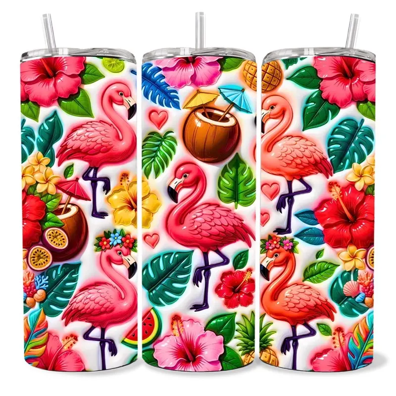 Flamingo 3D 20 oz Tumbler - BPA Free, Stainless Steel, Leak Proof, Clear Lid, Includes Straw