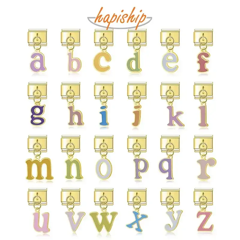 Hapiship Women Golden Color English A-Z 26 Letters Charm Italian Links Fit 9mm Bracelet Stainless Steel Making Jewelry DJ866