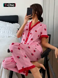 Summer Elegant Chic Women's Pajama Set, Heart Pattern V Neck Short Sleeve Top and Pants, Lightweight Polyester Home Wear, Loungewear, Nightwear, All Seasons, Pjs