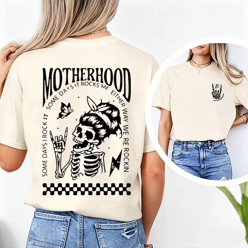 Women's Oversized Rocker Tshirt with Skeleton Hand Graphic Prints, Mom Life Streetwear for Everyday Wear, Pairs with Sweatpants, Shortsleeve, Casual, Cotton Fabric, Heat Transfer, Fabrics, Comfortable, Birthday, Round Neck, T-Shirt, Street Chic, Loose-Fit