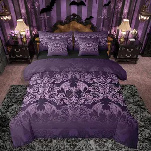 Adults Gothic Damask Print Bedding Set Purple Goth Bat Victorian Floral Comforter Set 7 Pieces Comforters Boho Bohemian Exotic Bed in a Bag