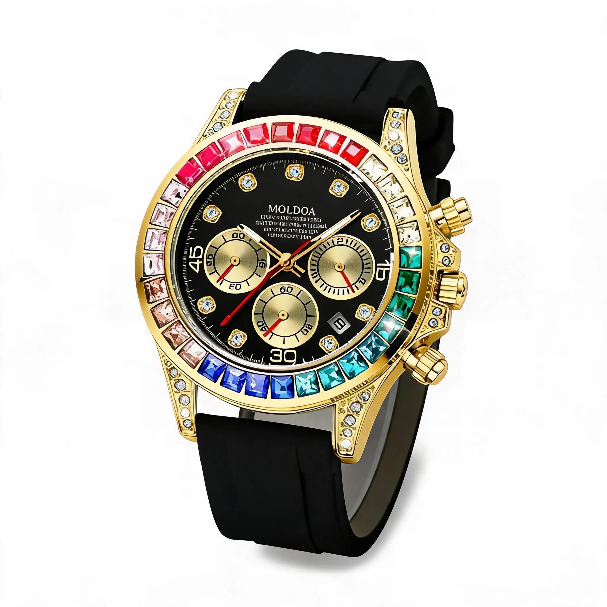 Designer Rainbow Full Diamond Watch– Gold Metal Band & Gold Frame, Pure wrist candy. Japanese Mechanical Automatic Movement, Luxury Bling Statement Watch