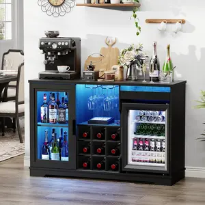 BROTTAR Coffee Bar Cabinet with Fridge (Fridge Included), Large Liquor Bar Cabinet with LED Lights, Glass Holder & Wine Rack, Wine Cabinet with Human Body Sensor, Buffet Sideboard for Home, Black