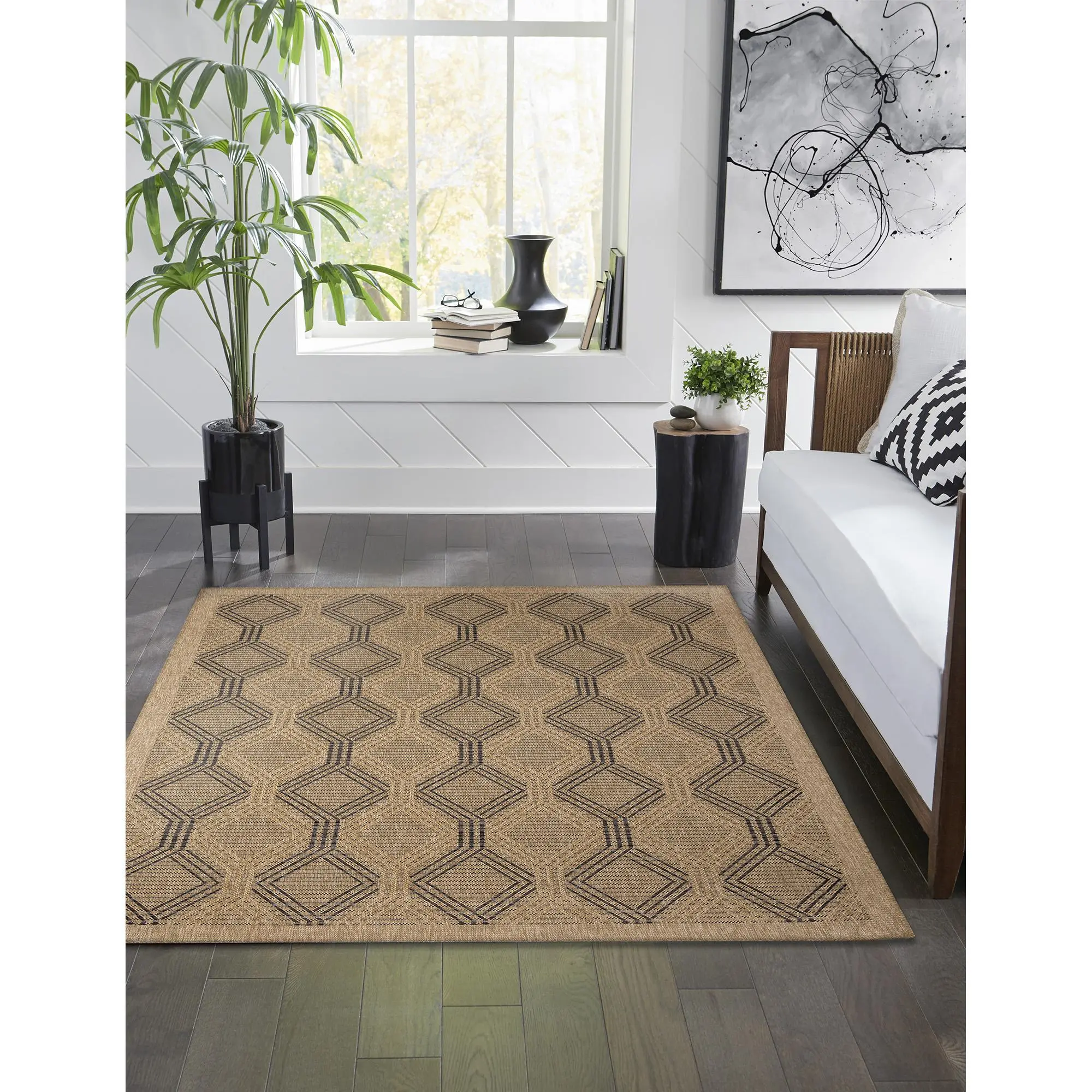 Lush Decor SAHARA 1-Piece Indoor-Outdoor Power Loomed Poly Blend Low Profile Flatweave Area Rug - Transitional Geometric Pattern, Neutral Tones, Water/UV Resistant, Links for Easy Handling, Ideal for Multiple Rooms, Fits Transitional Interior Design
