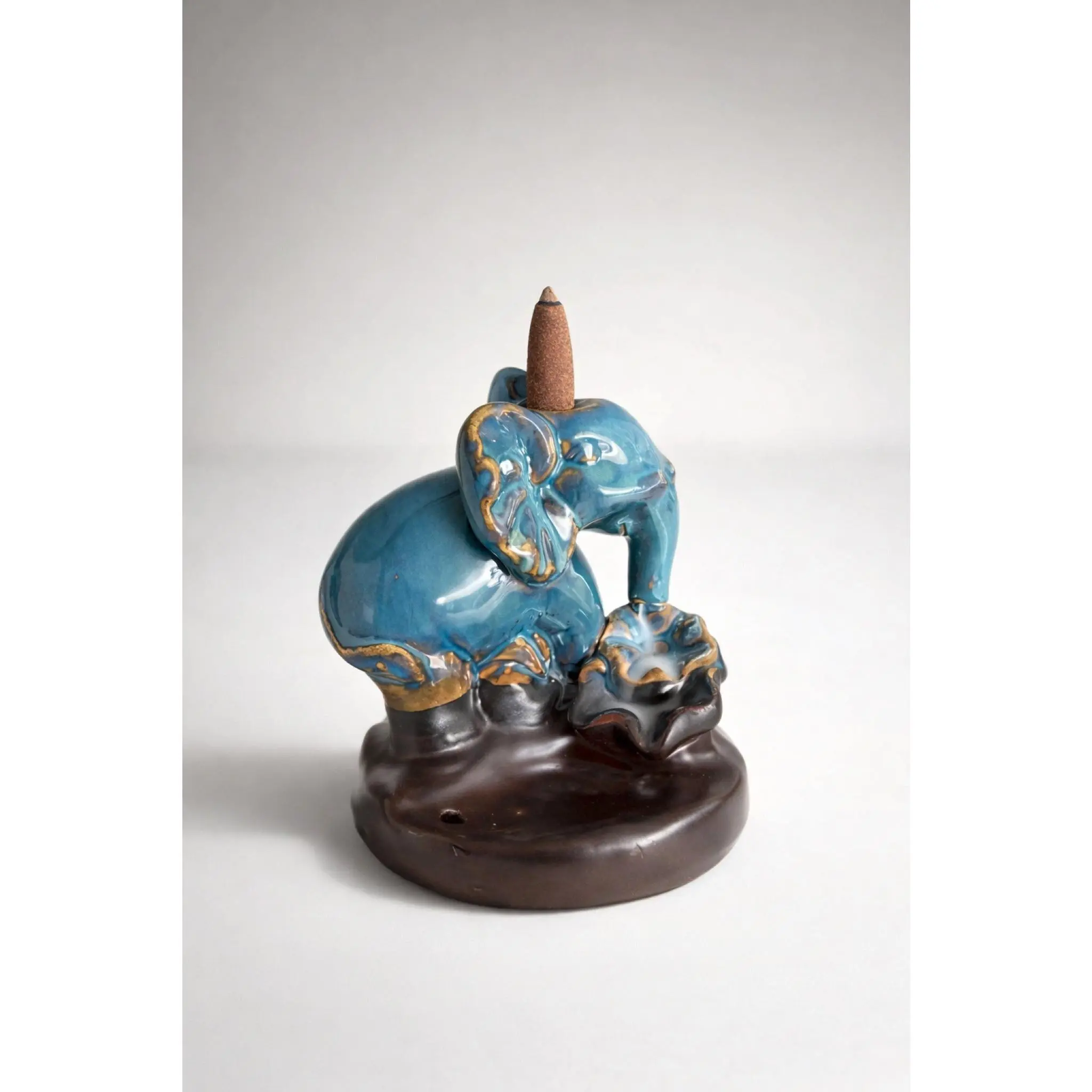 Ceramic Elephant Waterfall Incense Holder – Blue Glazed Decorative Elephant Figurine