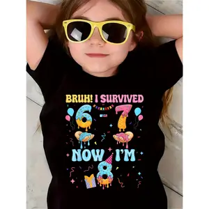 SHOWTLY Brand, T-Shirt, Bruh I Survived 6 to 7 Transition Birthday Celebration, Donut And Ice Cream Cone Pattern Print, Polka Dot Lettering, Gift Box Design, Comfortable And Soft, Round Neck, Casual And Fashionable, Suitable for Daily Activi (3-13Y)