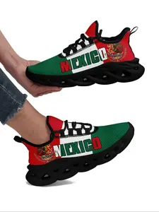 Women's Mexico Flag Print Lace Up Front Sneakers, Breathable Running Sneakers, Casual Comfortable Sports Running Shoes, Female All-match Round Toe Shoes, Athletic Shoes for Daily Wear