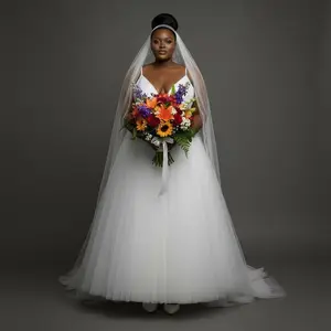 The Sarah Bridal Gown - Size 28, Spaghetti Strap V-Neck Bodice with Appliqué, Flowing Tulle A-Line Skirt, Zippered Back, Soft Sculpted Elegance