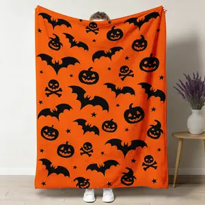Ultra-Soft Plush Halloween Flannel Throw Blanket, Bat & Pumpkin Print, Cozy Warm Fleece Blanket with Multi-Size Options, Ideal for Couch Bed, Perfect Halloween Decor & Gift for Spooky Lovers, All-Season Comforter