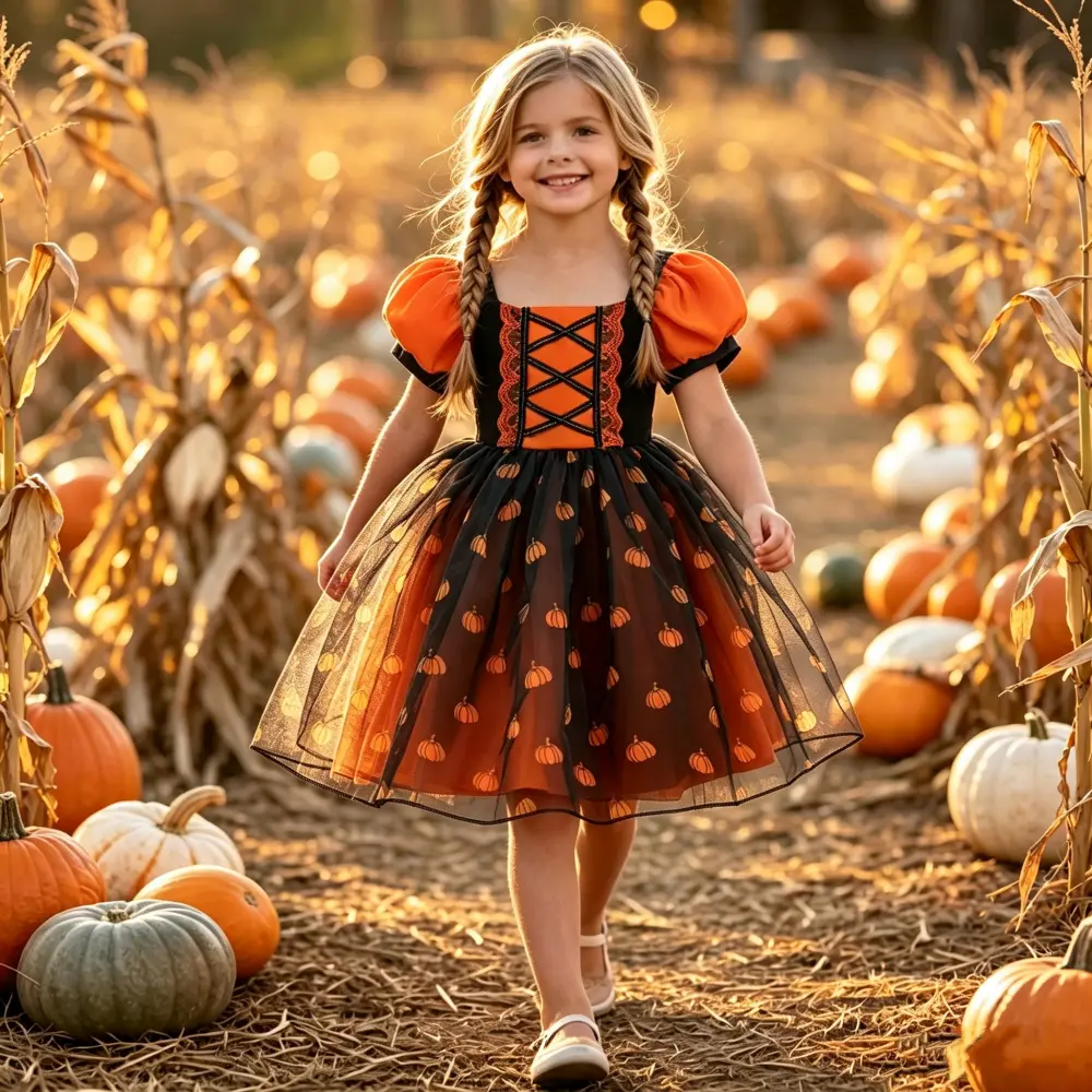 Girls' Halloween Orange Little Witch Pumpkin Costume Dress, 032 Style, All Seasons, Bow Accent, for Masquerade Performance (Dress Only)