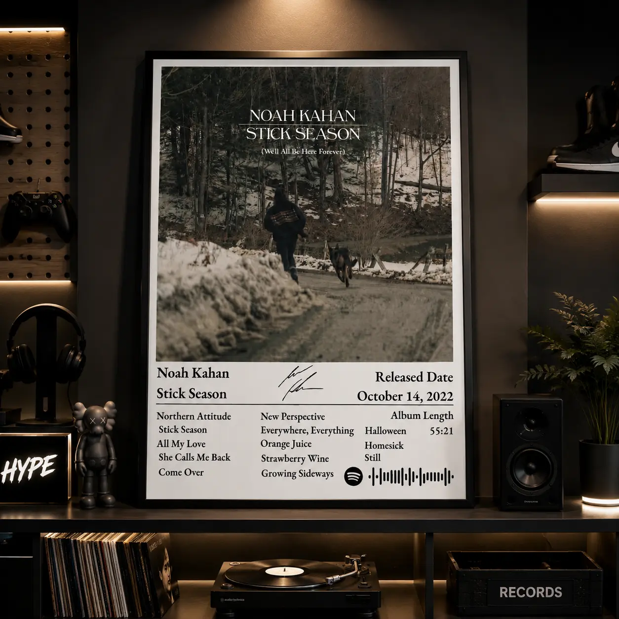 Noah Kahan Stick Season Album Tracklist Canvas Wall Art, Signed Indie Folk Music Poster with Spotify Code, Cozy Rustic Decor for Bedroom Dorm Office Music Nook, Framed Unframed Multiple Sizes
