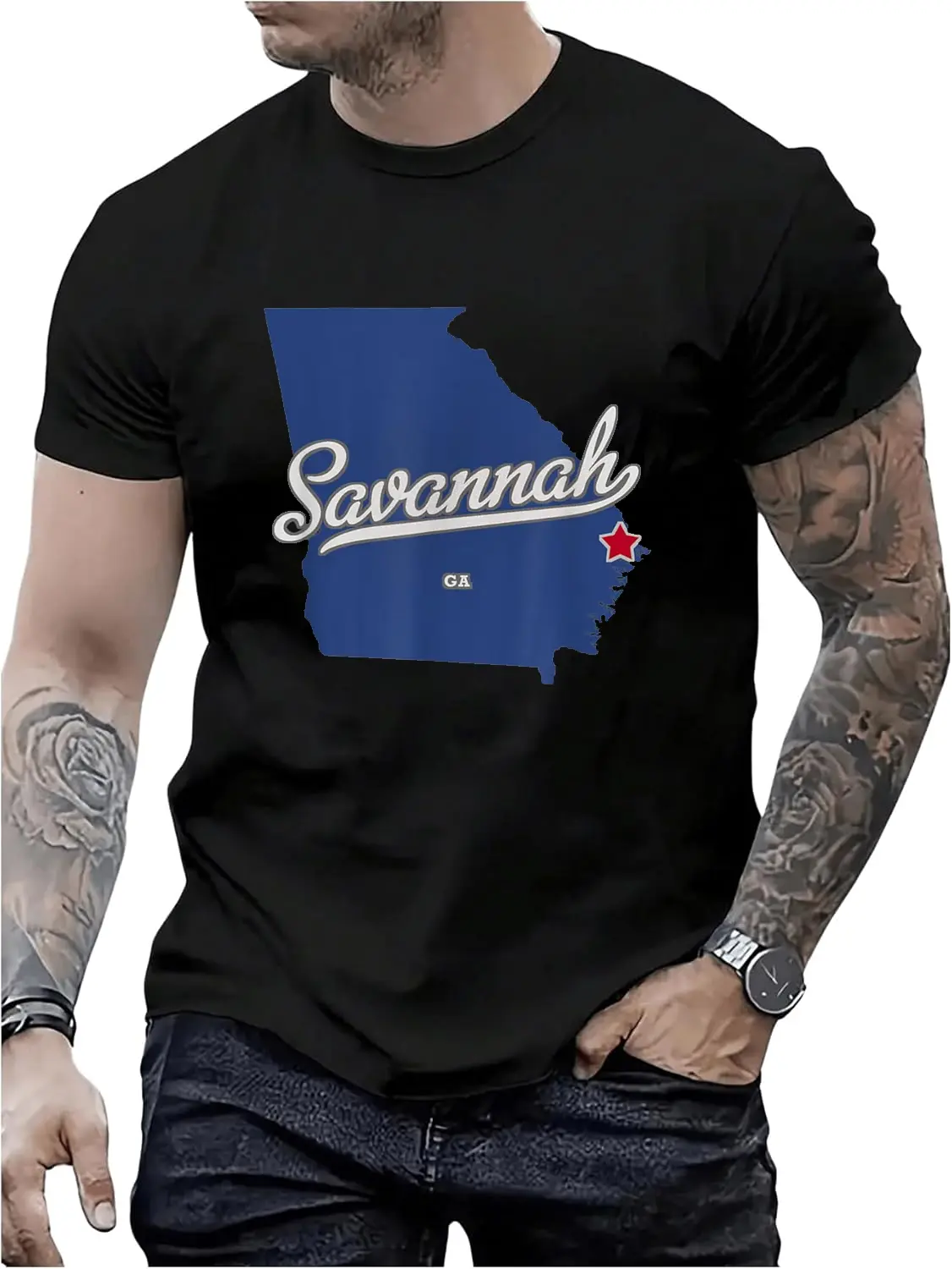 Women's Savannah Georgia Map Graphic Crew Neck T-Shirt - 100% Cotton Short Sleeve Casual Top with Vintage Distressed Streetwear Look, Cute Everyday Party Wear