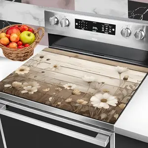 1pc 2D Flat Spring Floral Daisy Pattern Stove Cover Protector |   Rustic Wood Background Design, Easy to Clean for Kitchen, Washing Machine, Dryer, Stovetop Panel Protector