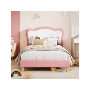Pink White-Full Home Bedroom Cute Velvet Upholstered Twin/Full Bed Frame For Kids - Scallop Headboard Sturdy Platform Bed With Wooden Slats No Box Spring Needed Noise-Free For Girls and Boys