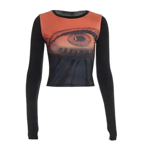 2000s Autumn New Crew Neck Pullover Long Sleeve Printed Crop Navel Casual Women's Casual Top T-Shirt Womenswear Tshirt