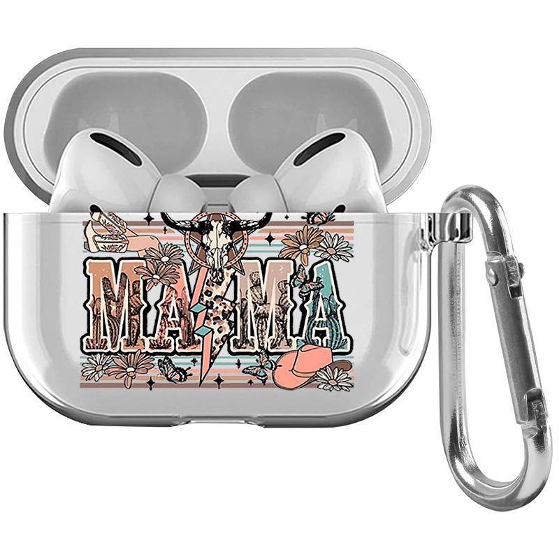 Western MAMA Pattern TPU Soft Protective Case for Apple AirPods 4/3/2/1/Pro/Pro2 Transparent Earphone Cover with Keychain Attachment