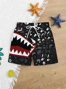 Boys Summer Fashion Shorts Beach Pants, Camo Shark Mouth Cool Cartoon Print Casual Big Kids Hotpants, Adjustable Drawstring Waistband
