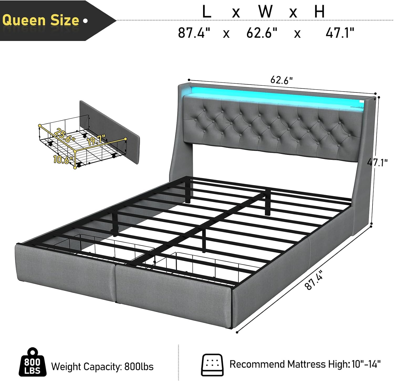Queen Bed Frame with Storage Headboard and 2 Drawer, Metal Queen Size Bed Frame Platform with LED Light, Charging Station, No Box Spring Needed, Noise Free, Easy Assembly, Grey