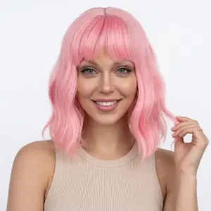 merisihair Short Wavy Pink Wig with Bangs, Short Bob Pink Wigs for Women, Wavy Bob Wig with Bangs Synthetic Natural Looking Heat Resistant Fiber Wigs Hair Replacement Wigs
