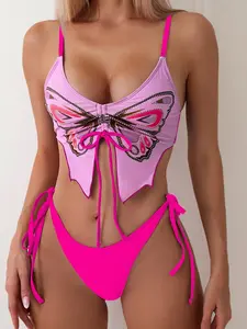 2 Pieces/ Set Butterfly Pattern Sexy Hot Pink Lace Up Tops Spaghetti Strap Bikini Set Wome Purple Tie Side Thong Swimsuit Female Two-pieces High Leg Cut Brief Swimwear Bathing Suit Tie Back Bikinis