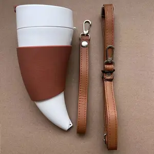 Corner Coffee Mug with Stainless Steel Liner, Auspicious Design, Portable Travel Mug with Leather Case & Carry Strap, 230ML Outdoor Drinkware Tumbler